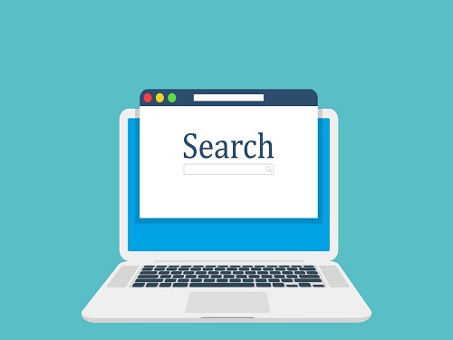 Computer laptop, browser window and ranking sites in search results of web search engine. Search engine. Flat design, vector illustration on background.